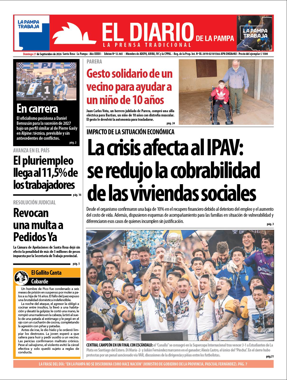 Tapa de El Diario en papel  domingo 27 de septiembre de 2026